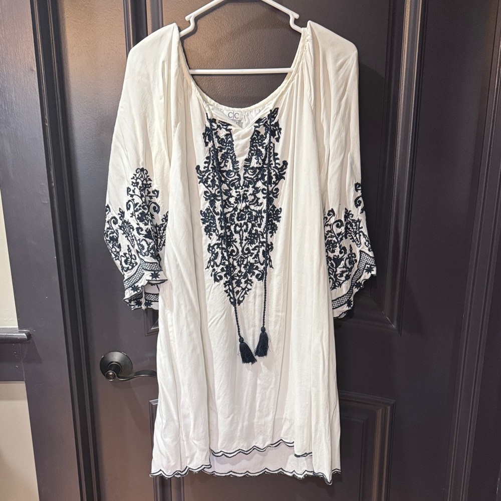 Cato Ivory Tunic with Navy Embroidery